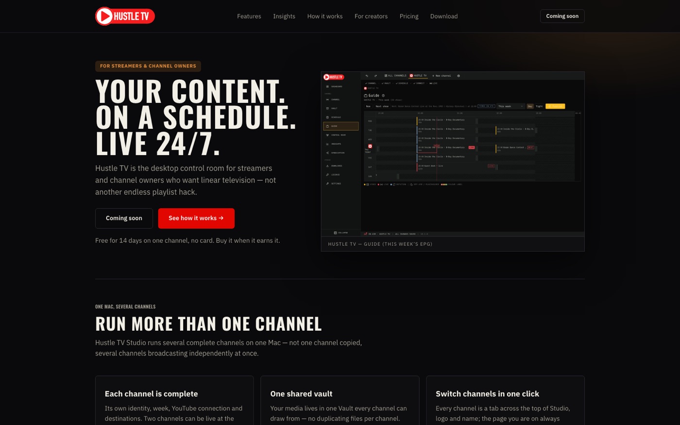 Hustle TV homepage: 'Your content. On a schedule. Live 24/7.'