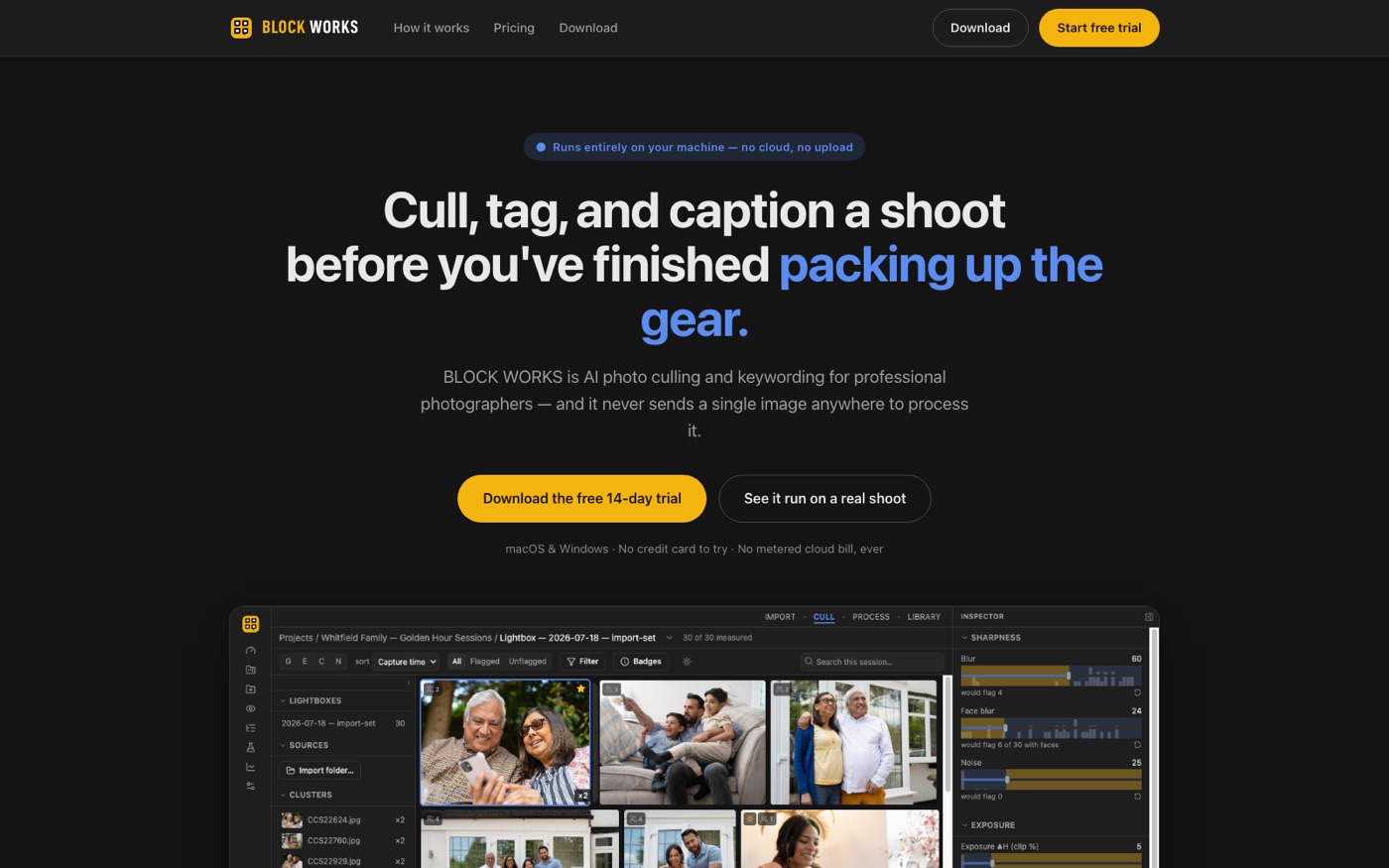 BLOCK WORKS homepage: 'Cull, tag, and caption a shoot before you've finished packing up the gear.'