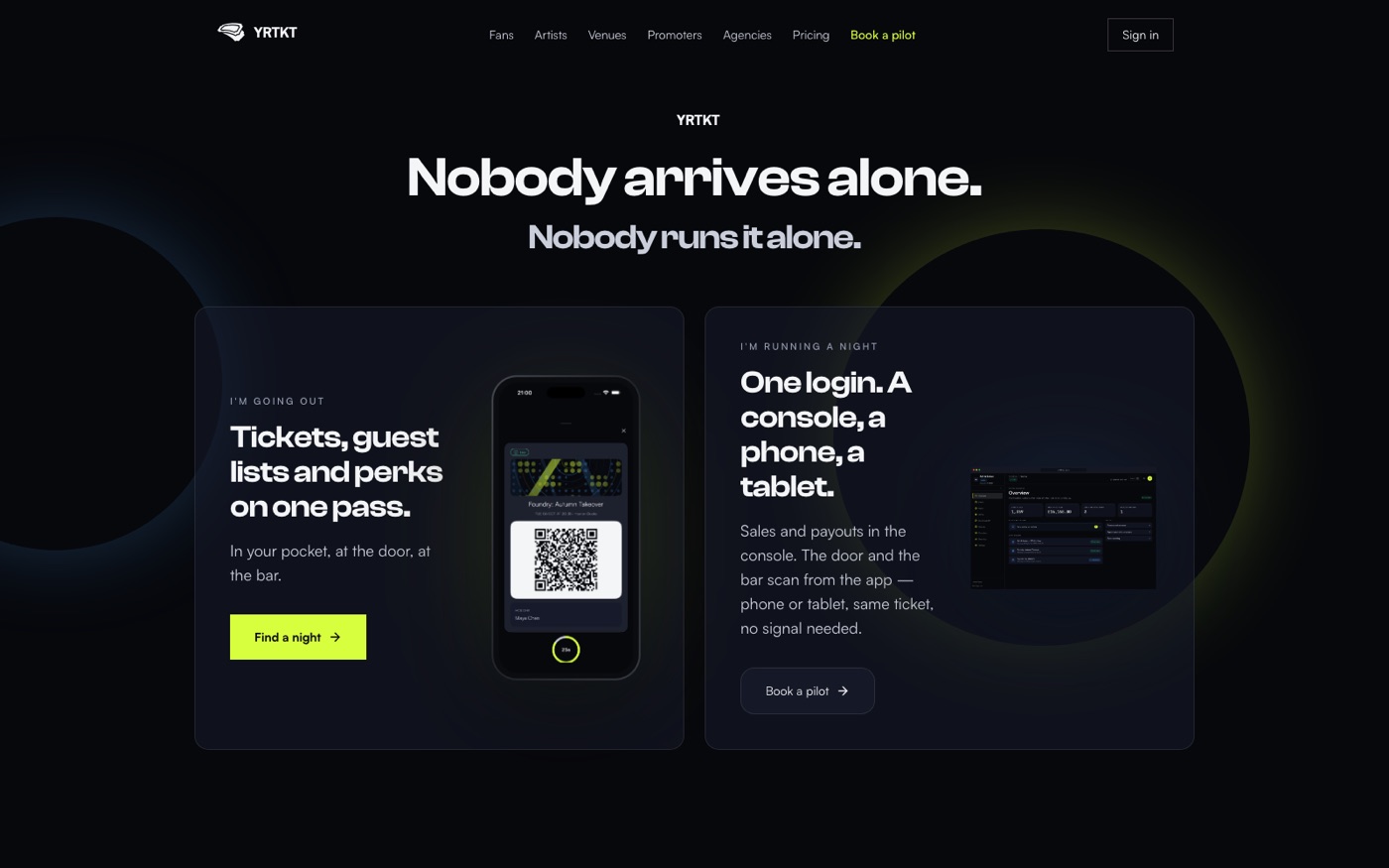 YRTKT homepage: 'Nobody arrives alone. Nobody runs it alone.'